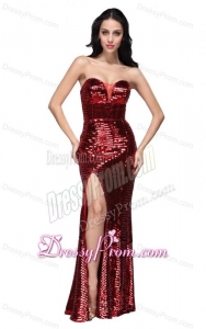 Column Sweetheart Wine Red Sequins High Slit Prom Dress