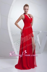 Empire Brush Train Red Beading Halter Chiffon 2014 Prom Dress