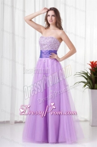 Lovely A-line Strapless Tulle Lilac Beading Prom Dress with Lace Up