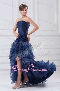 Navy Blue Strapless A-line Ruffles High-low Organza Prom Dress