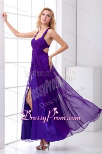 Purple Empire Straps Ruching Ankle-length Prom Dress with Criss Cross