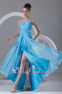 Aqua Blue Empire One Shoulder Appliques Chiffon Prom Dress with Criss Cross