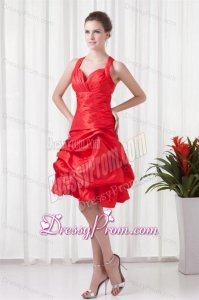 Cheap A-line Straps Knee-length Pick-ups Criss Cross Red Prom Dress