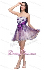 Princess Strapless Appliques Sash Organza Mini-length Prom Dress