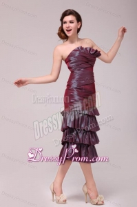 Burgundy Column Tea-length Prom Dress with Ruffled Layers