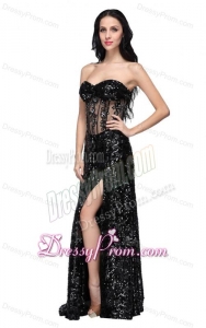 Column Black Sweetheart Long Sleeves Sequins High Slit Prom Dress