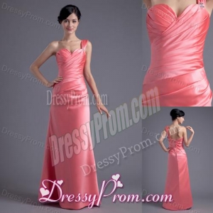 Column One Shoulder Ruching Satin Watermelon Red Prom Dress