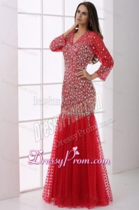 Mermaid V-neck Wine Red Beading Tulle Long Sleeves Prom Dress