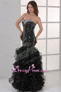 Sweetheart Black Mermaid Sequins Ruffles Prom Dress with Beading