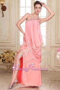 Watermelon Red Column One Shoulder Prom Dress with Beading