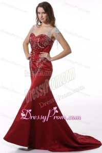 Wine Red Court Train V-neck Mermaid Prom Dress with Beading