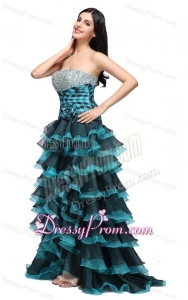 A-line Strapless Black and Blue Ruffled Layers Organza Beading Prom Dress