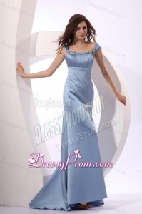 Column Light Blue Cap Sleeveless Ruching Prom Dress with Brush Train