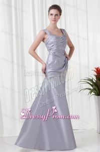 Grey Column Straps Taffeta Beading and Ruching Prom Dress