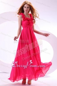 Hot Pink Empire Straps Ankle-length Ruching Chiffon Prom Dress