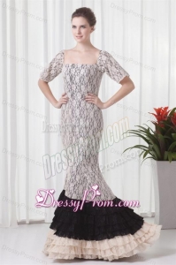 Mermaid Square Champagne Lace Floor-length Prom Dress with Short Sleeves