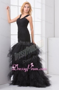 Mermaid Straps Organza Ruffles and Ruching Black Prom Dress
