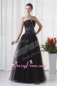 Black A-line Strapless Tulle Beading Floor-length Prom Dress