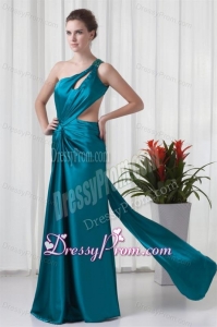 Column One Shulder Teal Ruching Elastic Woven Satin Prom Dress with Criss Cross