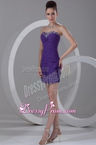 Column Sweetheart Mini-length Purple Chiffon Prom Dress with Beading