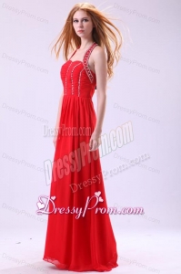 Empire Halter Beading Floor-length Red Chiffon Prom Dress