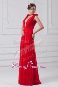 Red Empire V-neck Chiffon Floor-length Ruching Prom Dress