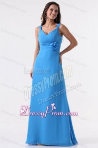 Simple Blue Straps Ruching Hand Made Flower Floor-length Chiffon Prom Dress