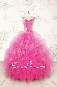 2015 Pretty Straps Hot Pink Quinceanera Dresses with Beading