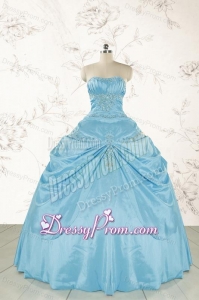 2015 Discount Strapless Appliques Sweet 15 Dress in Aqua Blue