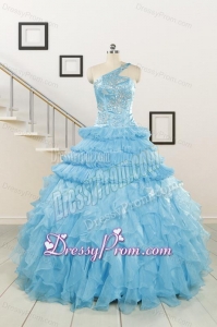 2015 Baby Blue One Shoulder Sweet 15 Dresses with Beading