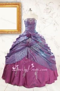 2015 Purple Strapless Quinceanera Dresses with Appliques and Hand Made Flowers