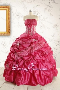 Cheap Appliques Coral Red Quinceanera Dress with Strapless