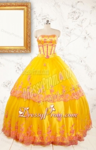 Gold Strapless Beautiful Quinceanera Dresses with Appliques