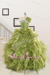 Inexpensive Olive Green Dresses for Quince with Beading and Ruffles