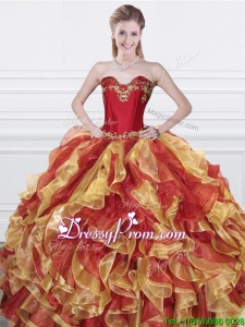 Romantic Applique and Ruffled Organza Quinceanera Dress in Red and Yellow