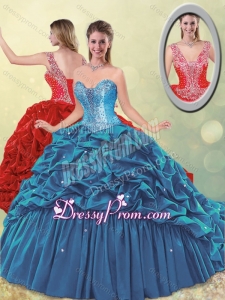 Elegant Puffy Skirt Beaded Teal Quinceanera Dress with Brush Train