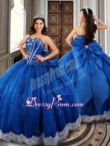 Ball Gown Beaded Royal Blue Sweet 16 Dress with Appliques and Bowknot