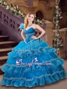 Classical Applique and Ruffled Blue Quinceanera Dress with One Shoulder
