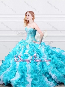 Modern Beadede and Ruffled Quinceanera Gown in Aqua Blue and White