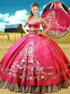 Really Puffy Taffetae Red Quinceanera Gown with Appliques and Beading