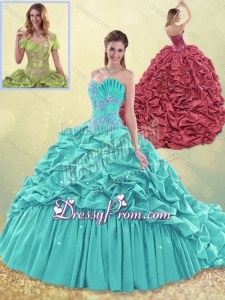 Exquisite Brush Train Taffeta Quinceanera Dress in Aqua Blue