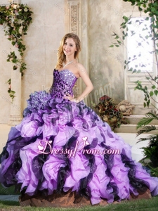 Leopard and Ruffled Lavender and Dark Purple Quinceanera Gown with Brush Train
