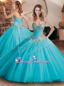 Pretty Visible Boning Tulle Beaded Quinceanera Dress in Aqua Blue