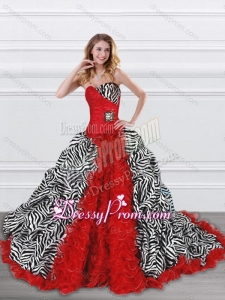 Latest Beaded and Ruffled Red and Zebra Quinceanera Dress with Brush Train