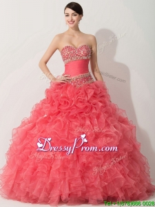 Princess Coral Red Sweet 16 Dress with Beading and Ruffles