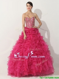 Visible Boning Hot Pink Quinceanera Gown with Beading and Ruffles