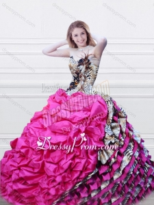Luxurious V Neck Fuchsia and Printed Quinceanera Dress with Feather and Bubbles