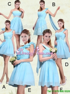 2015 Ruching Chiffon Aqua Blue Bridesmaid Dresses with Mini Length