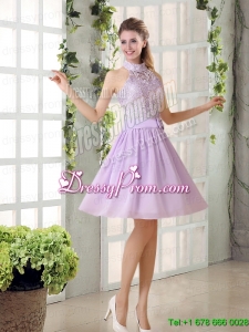 High Neck Lilac A Line Lace Prom Dress Chiffon for 2015