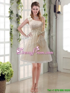 2015 Princess One Shoulder Bowknot Lace Prom Dresses in Champagne